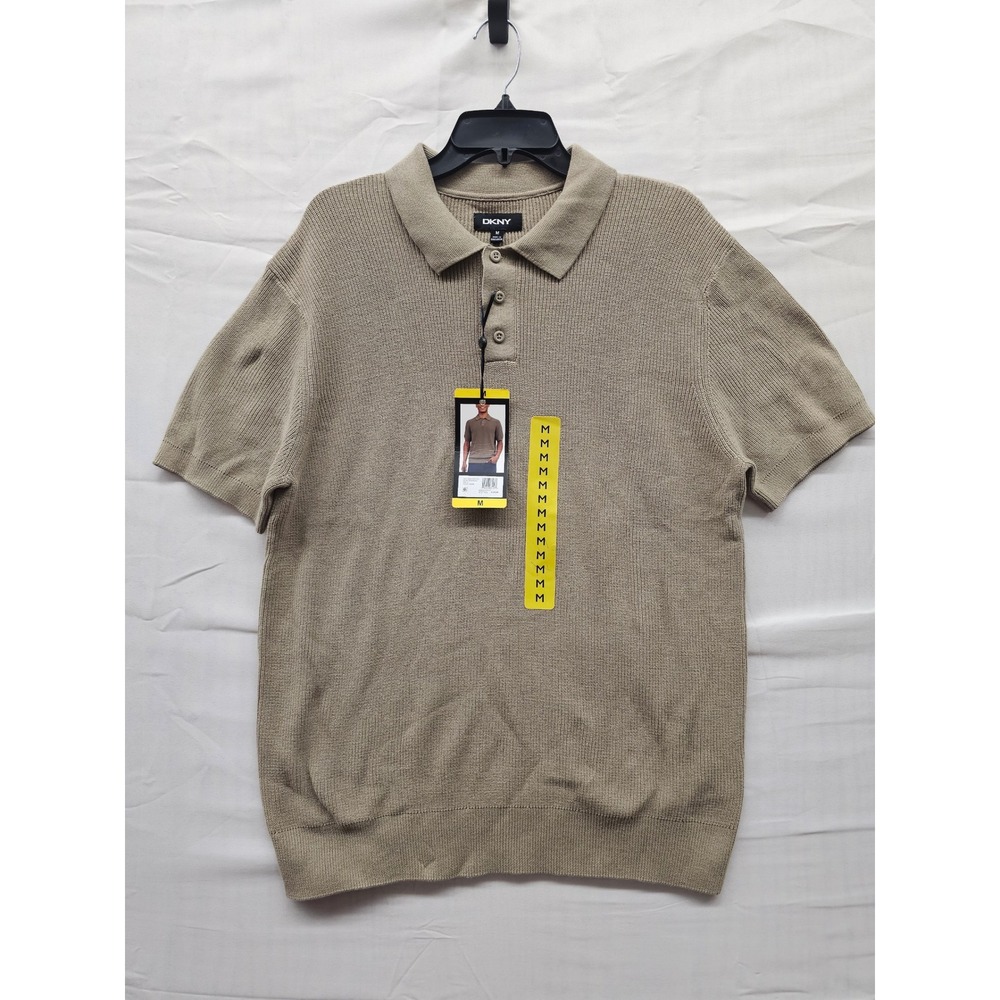 DKNY Mens Short Sleeve Sweater Polo Shirt Cream Cotton Ribbed Knit DK35SR2402 M